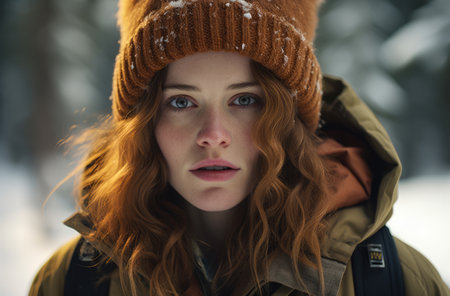 Portrait of a woman hiker in winterの素材