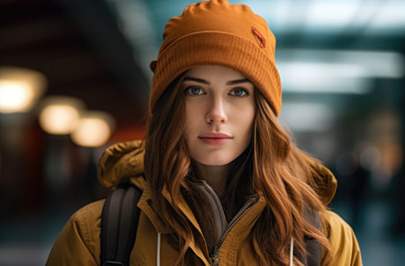 Portrait of a woman hiker in winterの素材