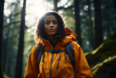Female hiker hiking in the middle of the forest.の素材