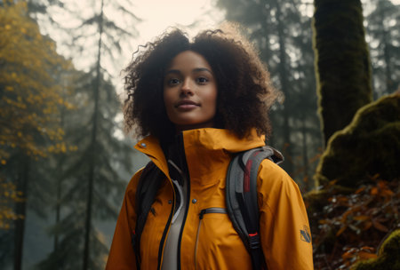 Female hiker hiking in the middle of the forest.の素材
