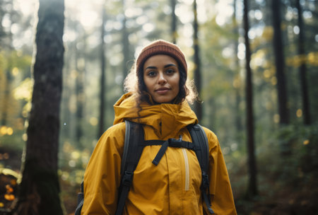 Female hiker hiking in the middle of the forest.の素材