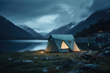 Lone tent in a beautiful landscape. Concept image on travel, nomad life and sustainable holidays.の素材