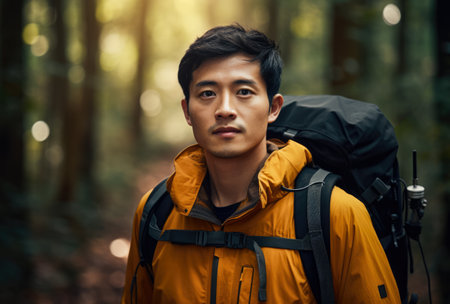 Hiker in the middle of the forest.の素材