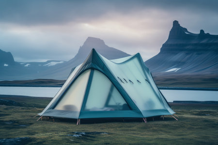 Lone tent in a beautiful landscape. Concept image on travel, nomad life and sustainable holidays.の素材