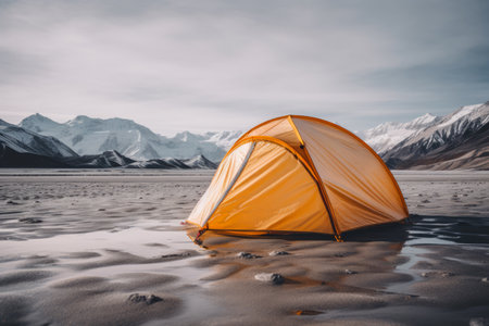 Lone tent in a beautiful landscape. Concept image on travel, nomad life and sustainable holidays.の素材