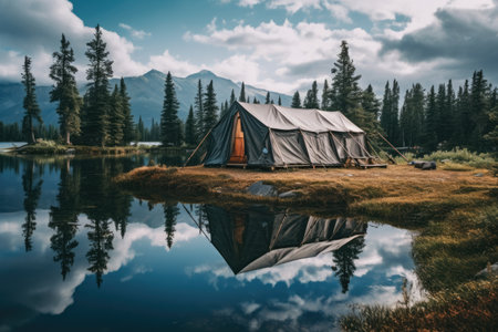 Lone tent in a beautiful landscape. Concept image on travel, nomad life and sustainable holidays.の素材