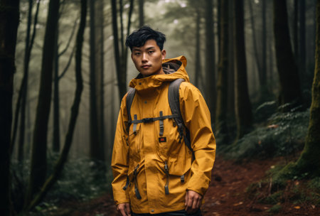 Hiker in the middle of the forest.の素材