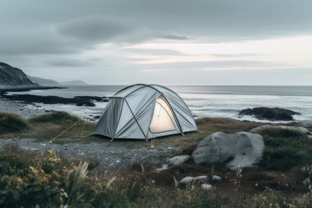 Lone tent in a beautiful landscape. Concept image on travel, nomad life and sustainable holidays.の素材