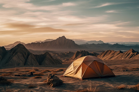 Lone tent in a beautiful landscape. Concept image on travel, nomad life and sustainable holidays.の素材