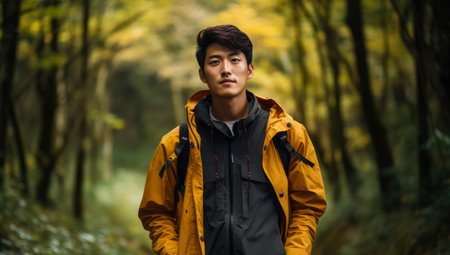 Hiker in the middle of the forest.の素材