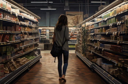 Illustration of a woman looking at products inside a supermarketの素材
