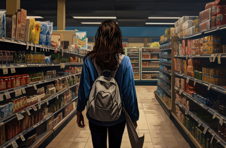Illustration of a woman looking at products inside a supermarketの素材