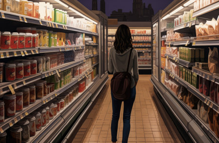 Illustration of a woman looking at products inside a supermarketの素材