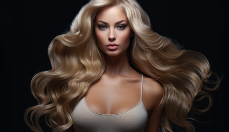 Beautiful woman with long hair on a solid backgroundの素材