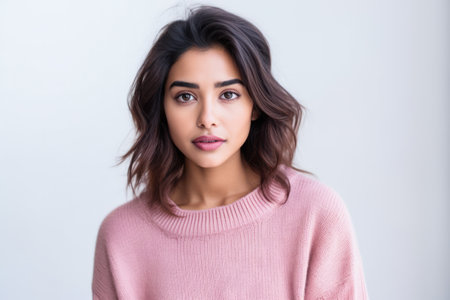 Beautiful Indian model in a winter pink sweaterの素材