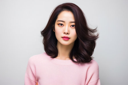 Portrait of a young Korean woman in a winter pink sweaterの素材