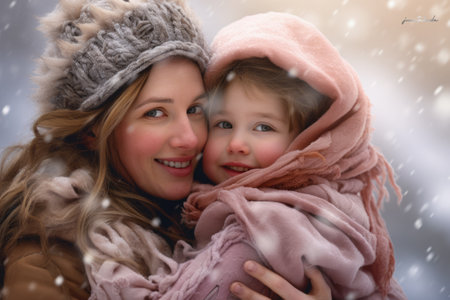 Mother and son enjoying the winter in the outdoorsの素材