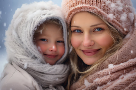 Mother and son enjoying the winter in the outdoorsの素材