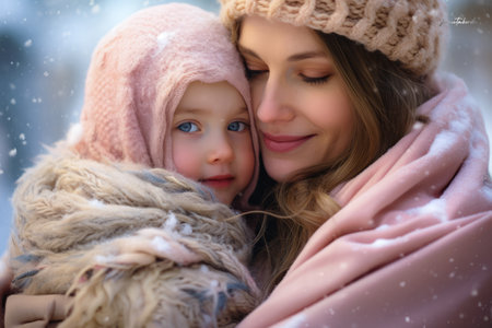 Mother and son enjoying the winter in the outdoorsの素材
