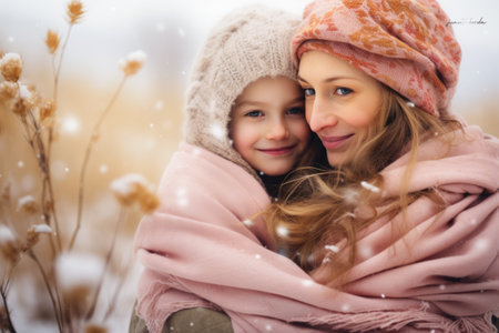 Mother and son enjoying the winter in the outdoorsの素材