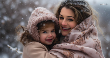Mother and son enjoying the winter in the outdoorsの素材