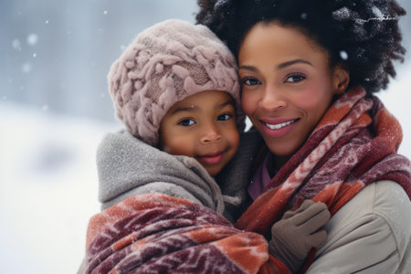 African American mother and son enjoying the winter in the outdoorsの素材