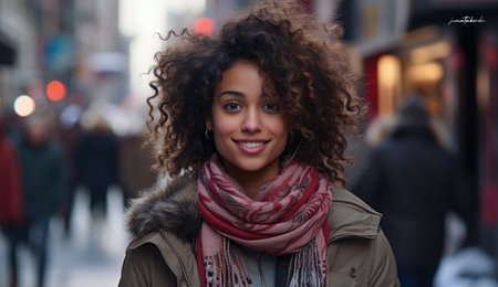 Young African American woman on a winter holiday exploring the city streets.の素材