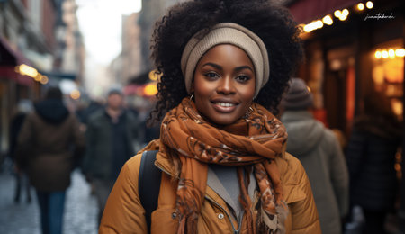 Young African American woman on a winter holiday exploring the city streets.の素材
