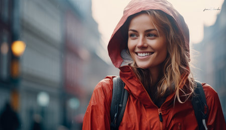 Young woman enjoying her winter holidays through Europeの素材