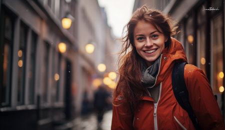 Young woman enjoying her winter holidays through Europeの素材
