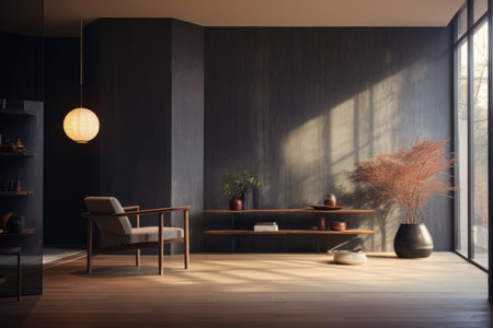 Interior room composition with grey wall panels and minimal decorationの素材