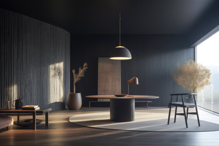 Interior room composition with grey wall panels and minimal decorationの素材