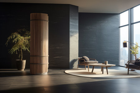 Interior room composition with grey wall panels and minimal decorationの素材