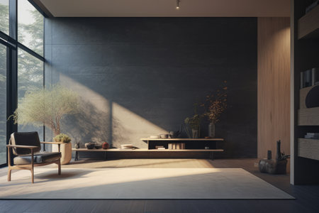 Interior room composition with grey wall panels and minimal decorationの素材