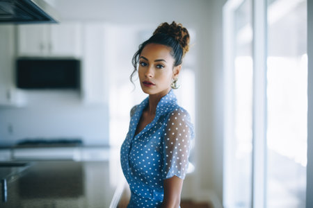 Young woman standing in her home kitchenの素材