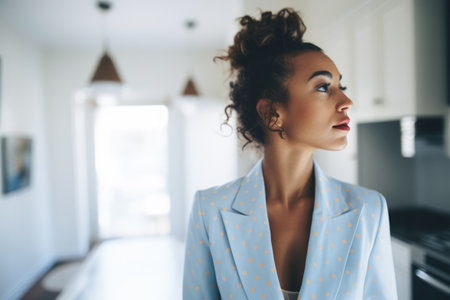 Young woman standing in her home kitchenの素材