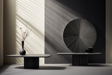 Interior room composition with grey wall panels and minimal decorationの素材