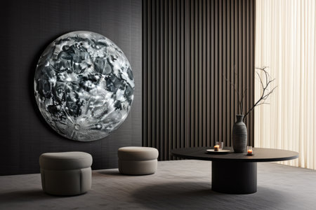Interior room composition with grey wall panels and minimal decorationの素材