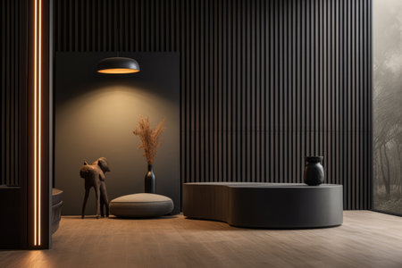 Interior room composition with grey wall panels and minimal decorationの素材
