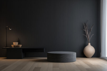 Interior room composition with grey wall panels and minimal decorationの素材