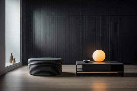 Interior room composition with grey wall panels and minimal decorationの素材