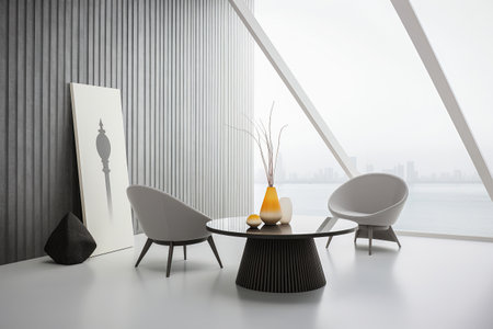 Interior room composition with modern wall panels and minimal decorationの素材