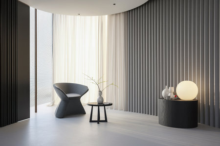 Interior room composition with modern wall panels and minimal decorationの素材