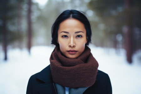 Asian woman alone in the forest during winter seasonの素材