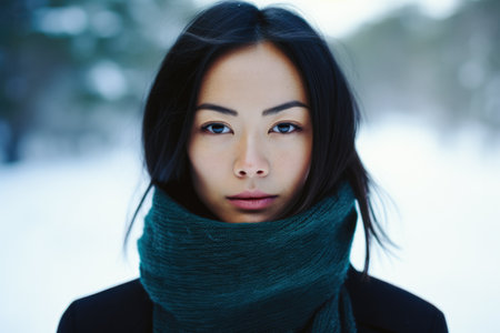 Asian woman alone in the forest during winter seasonの素材