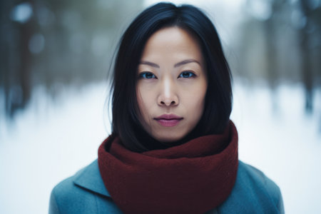 Asian woman alone in the forest during winter seasonの素材