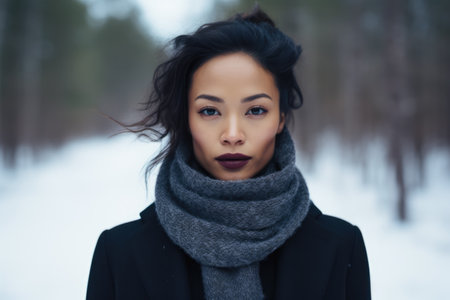 Asian woman alone in the forest during winter seasonの素材