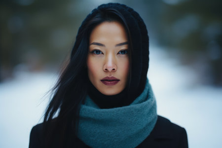 Asian woman alone in the forest during winter seasonの素材