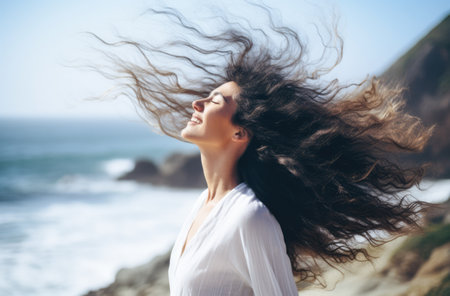 Young woman with eyes closed enjoying her freedom by the sea coastの素材
