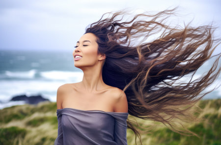 Young woman with eyes closed enjoying her freedom by the sea coastの素材